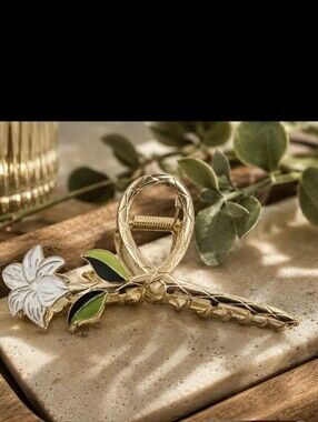 Gold Floral Leaf Hair Clip with White Flower Accent